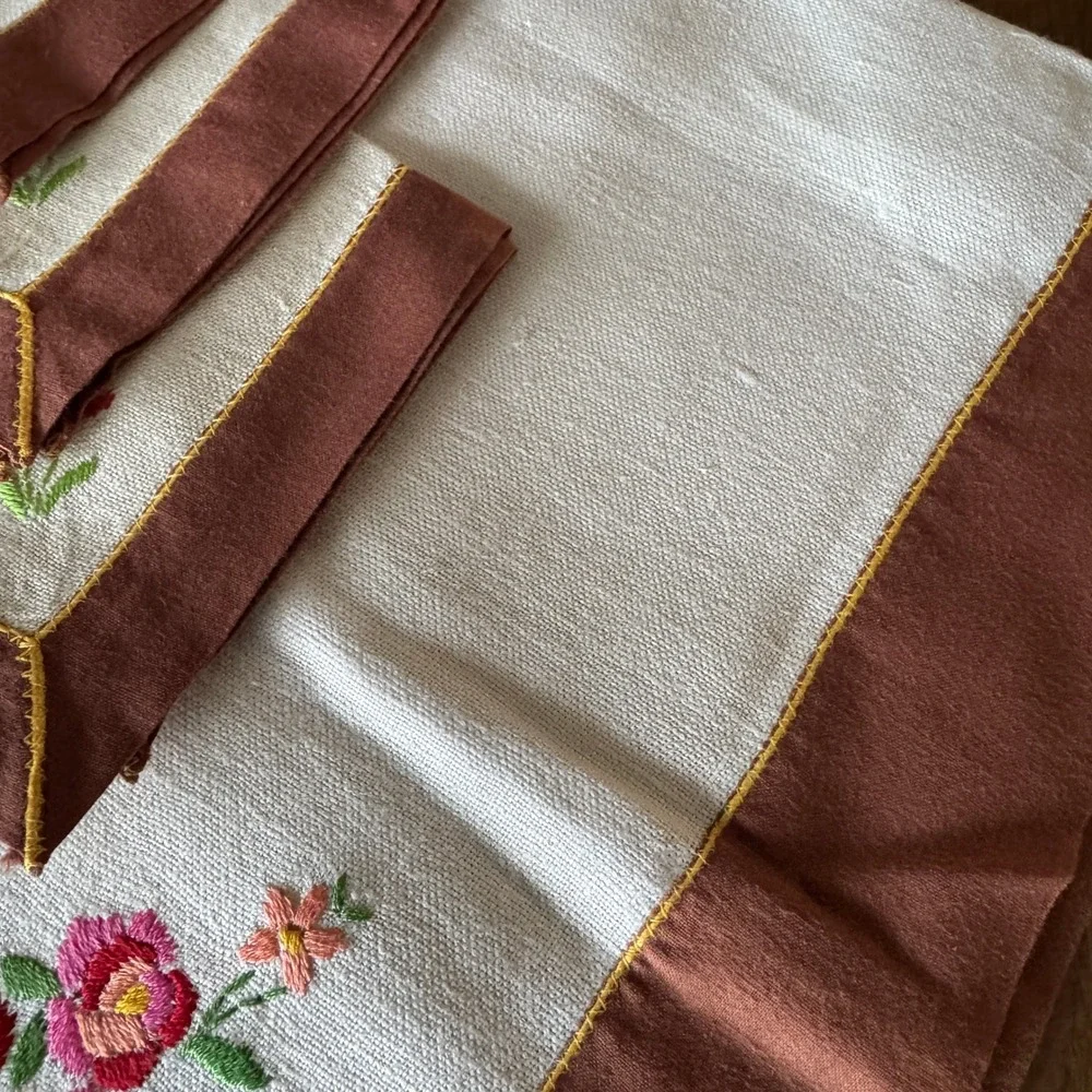 Vintage Embroidered Linen Napkin Set with Rose Floral Design Square Bistro Table